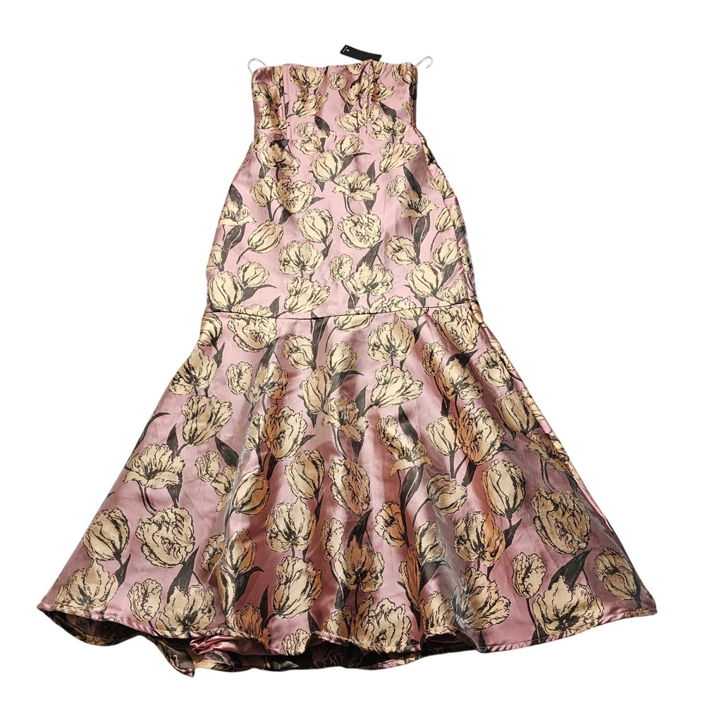 Lulus Strapless Floral Jacquard Trumpet Midi Dress Pink Gold Black Formal NWT
